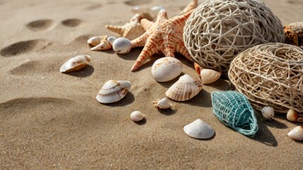  Beach clothing with seashells and fishing net on sand 
