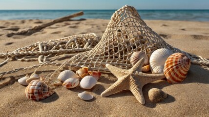  Beach clothing with seashells and fishing net on sand 