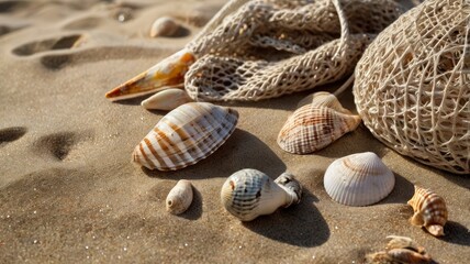  Beach clothing with seashells and fishing net on sand 