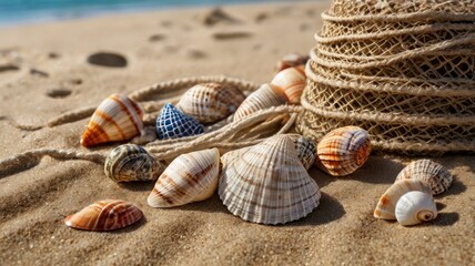  Beach clothing with seashells and fishing net on sand 
