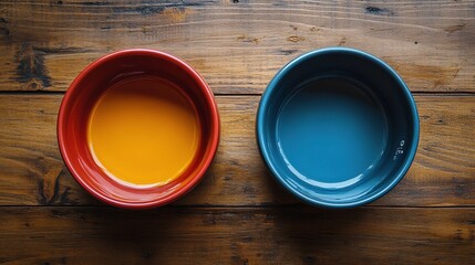 Vibrant Red and Blue Bowls Filled with Colorful Liquids on Rustic Wooden Table Displaying Contemporary Kitchen Aesthetics and Design Elements