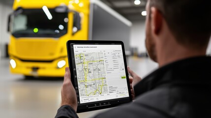 a man using a tablet to navigate while a yellow truck is parked in a warehouse, showcasing logistics