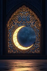 Poster - Crescent Moon Illuminating Intricate Islamic Architecture at Night