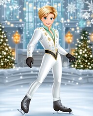 A young male figure skater in a white costume, smiling confidently in a snowy winter setting adorned with festive lights.