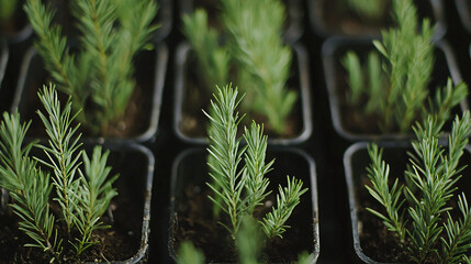 botanical cultivation process, small pine tree saplings in systematic arrangement