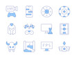 © Blockfine - Gaming icons. Line Duotone style, editable stroke. chess game, controller, fps, game map, level up, online game, poker chip, racing, stadium, streaming, warlock, warrior