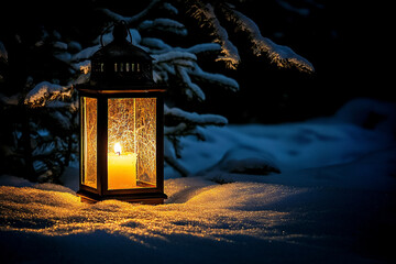 Wall Mural - Vintage lantern illuminating snow-covered ground at night