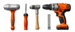 © Felly - Close-up of cordless drill, hammer, and other hand tools.