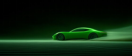 A sleek green sports car speeds over desert sands, leaving a trail of dust in its wake