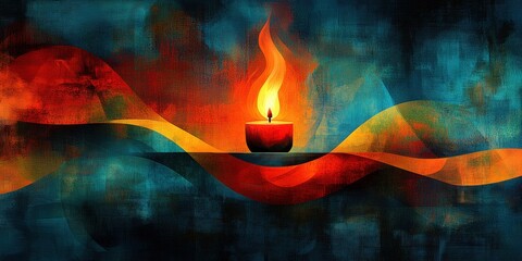 Wall Mural - Light dances in vibrant hues creating an enchanting atmosphere around a solitary candle flame