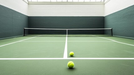 Canvas Print - Tennis balls and a racket on a freshly painted court with crisp white boundary lines
