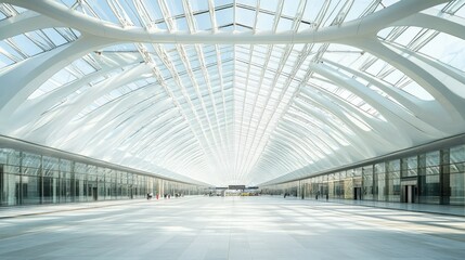 Wall Mural - Vast railway platform under a glass-domed ceiling, no trains or people, showcasing the scale of the architecture