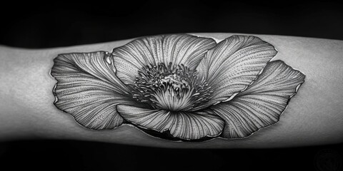 Wall Mural - Intricate black and white tattoo of a blooming flower adorns the forearm, showcasing detailed artistry and design