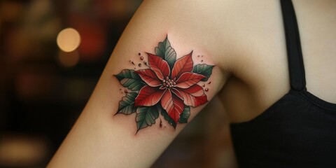 Wall Mural - Vibrant red and green poinsettia tattoo beautifully inked on the arm showcasing artistic floral design and intricate detailing