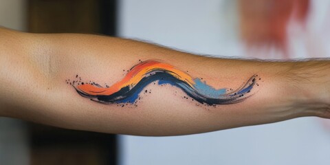 Wall Mural - Vibrant abstract tattoo design flowing across the forearm at a creative studio in bright sunlight