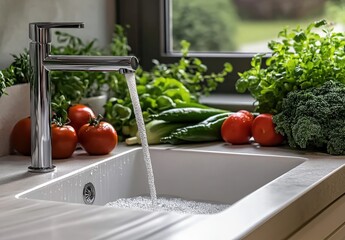 Modern kitchen sink with fresh vegetables and running water