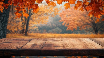 Canvas Print - Rustic wooden table in a forest filled with vibrant orange foliage, capturing the essence of autumn beauty