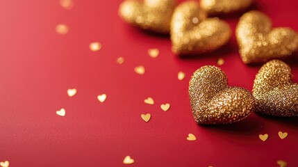 Canvas Print - Scattered golden hearts on a radiant red surface, sparkling softly as they create a celebratory, romantic ambiance.