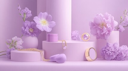 Canvas Print - Soft pastel purple backdrops highlighting premium cosmetics, stunning jewelry, and floral accents in an elegant composition