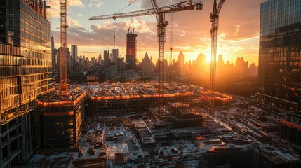 Canvas Print - Sunset light reflecting off metallic construction materials as cranes loom above an active building site