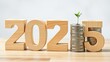 © Aswant - The number year 2025 in wooden cubes with stack of growth coins. financial annual plan for save money, Budget, tax, investment, financial, savings, and New Year Resolution retirement concept