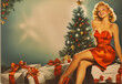 © mrs. McFly - Vintage retro 1950s style Christmas poster, pin-up girl sitting next to Christmas tree and gifts.