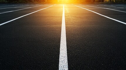 Wall Mural - A parking lot with white lines, shot from a low angle, with the sun shining.