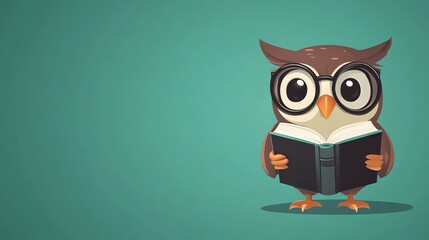 Canvas Print - A cartoon owl wearing glasses holds a book in front of a teal background.