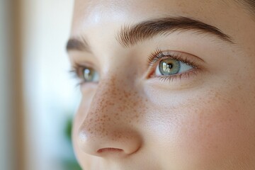 Wall Mural - Close-up of a young woman's face, showcasing her green eyes, freckles, and well-groomed eyebrows.