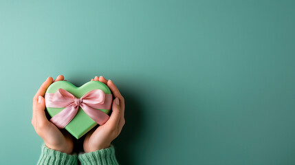 View from above woman hands holding a pastel green and pink heart shaped box with satin bow with mint green background