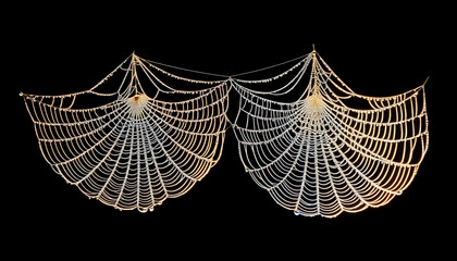 Stunning dew-kissed spiderwebs, double orb-weaver webs glistening with morning dew, intricate geometric patterns against a black background.