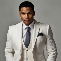 Fashion style photo of a man wearing white suit
