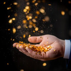 Wall Mural - Hand releasing shimmering gold confetti in the air