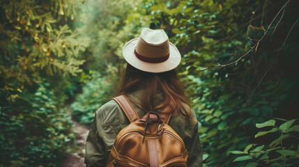 Wall Mural - A woman wearing a hat and a backpack is walking through a forest