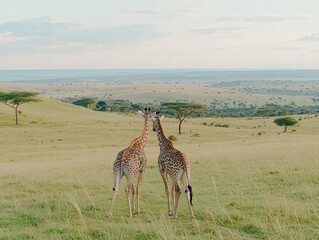 two giraffes facing each other on rolling green savannah landscape