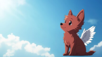 Red dog with angel wings sitting under a bright blue sky and fluffy clouds