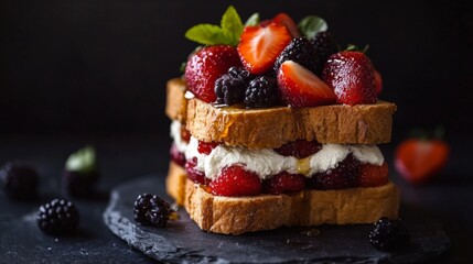 Wall Mural - Delicious Berry Dessert Stack with Cream on Dark Background