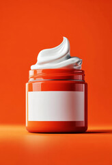 Minimalistic orange jar with white cream swirl and blank label on a soft peach background, modern skincare product design.