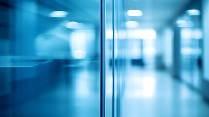 Abstract blue blurred background of a modern office hallway with glass partitions, perfect for corporate or medical themes.