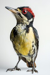 Wall Mural - A colorful woodpecker with striking red and yellow plumage stands upright, showcasing its unique features against a plain background.