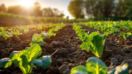 Canvas Print - A field of green plants with the sun shining on them