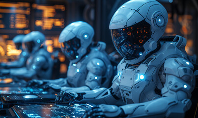 Robots in futuristic control center during mission. Robots equipped in advanced suits monitor screens and operate control panels in a high-tech environment.