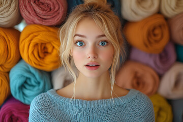 Wall Mural - A woman stands amazed in a vibrant boutique, in front of a colorful wall of neatly displayed sweaters, showcasing excitement.
