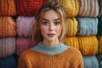 Wall Mural - A woman stands amazed in a vibrant boutique, in front of a colorful wall of neatly displayed sweaters, showcasing excitement.
