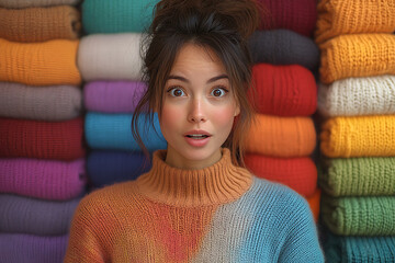 Wall Mural - A woman stands amazed in a vibrant boutique, in front of a colorful wall of neatly displayed sweaters, showcasing excitement.
