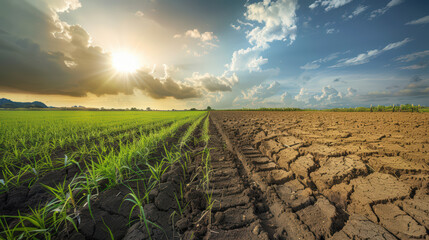 Canvas Print - A field with a sun shining on it, and a dry, cracked field in the background