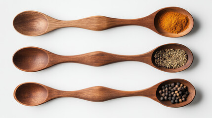 A knolling layout with wooden spoons arranged in a neat, grid-like or parallel format on a clean white background. Each spoon contains a different vibrant spice to create a visually striking contrast 