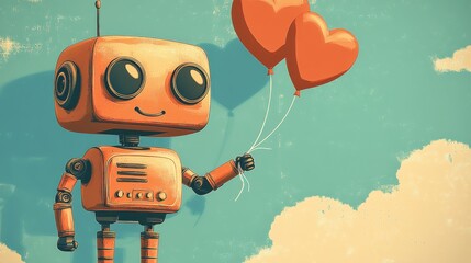 Wall Mural - Old style robots and heart-shaped balloons