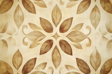 Wall Mural - A minimalistic background featuring a geometric pattern of stylized leaves in warm brown tones on a textured beige surface