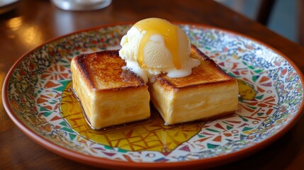 Wall Mural - Creamy Ice Cream on Golden Toast with Drizzling Syrup on Plate